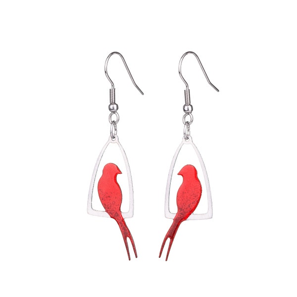 Boucles d’oreilles Hirondelle Rouge, Acier inoxydable, Bijoux en émail, Cage en métal, Oiseau S’asseoir, Design élégant, Boucles d’oreilles Rouge À Lèvres Rouges, Oiseaux En Cage