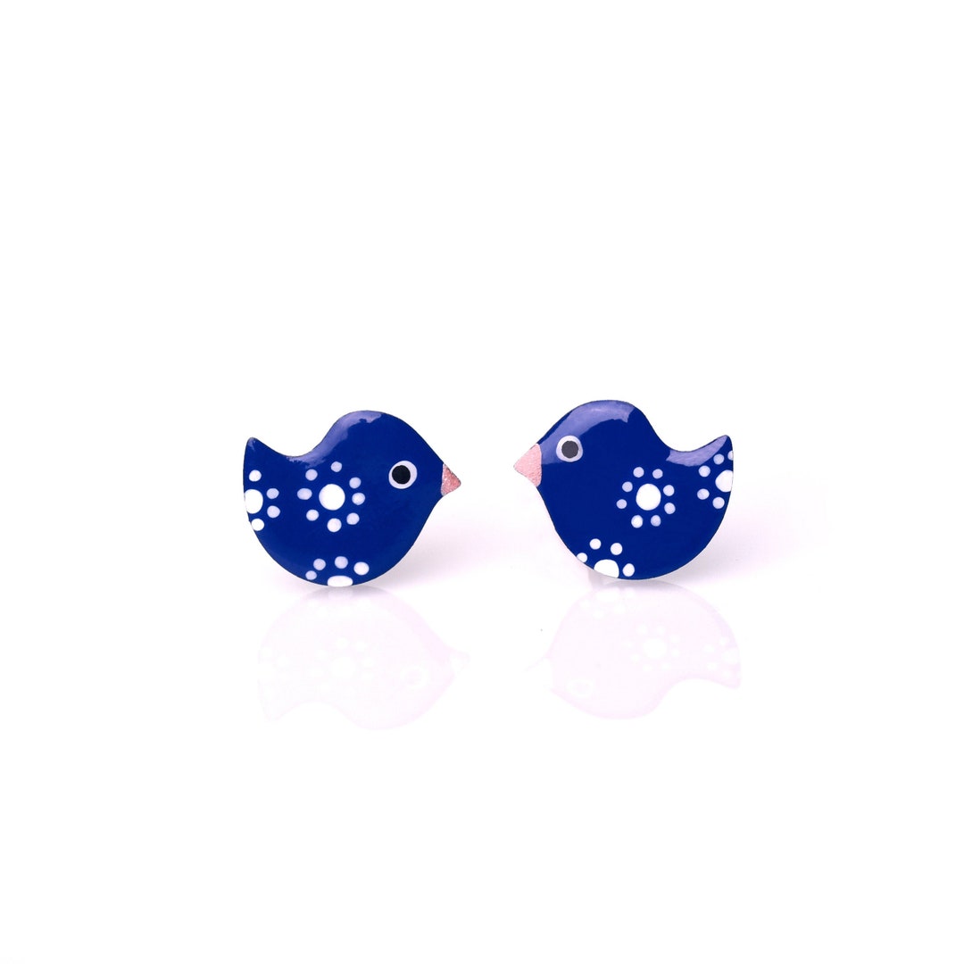 Blue Bird Earrings Fun Enameled Spotty Polka Dot Cute Post - Etsy