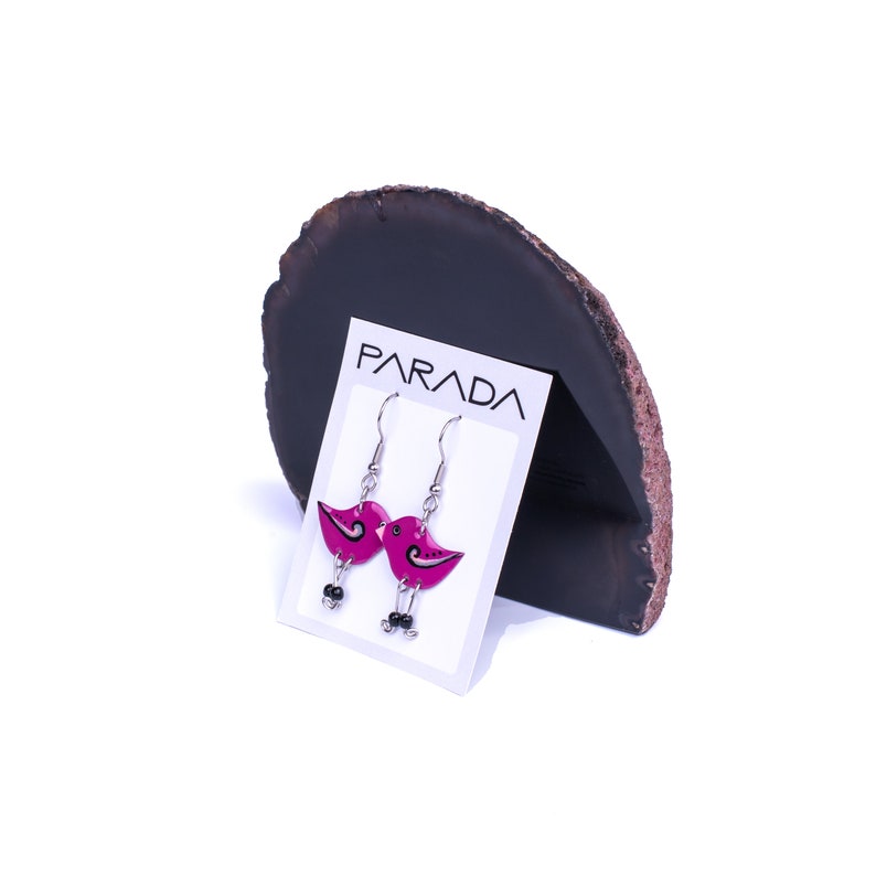 Purple bird earrings, hand painted enamel earrings, stainless steel earrigns, whimsical fun quirky jewelry, fun earrings, colorful jewelry image 4