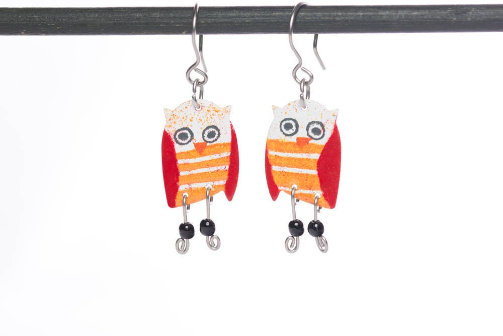 Whimsical Owls Stainless Steel Earrings Playful Orange Stripes, Hand Painted Enamel Dangle Style Art