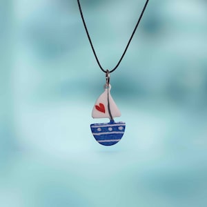 Handpainted Blue Boat Pendant, Marine Necklace, Ship Pendant, Stainless Steel, Nautical Pendants, Sailor Gift