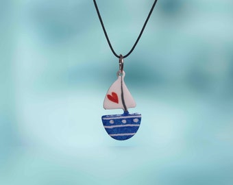 Handpainted Blue Boat Pendant, Marine Necklace, Ship Pendant, Stainless Steel, Nautical Pendants, Sailor Gift