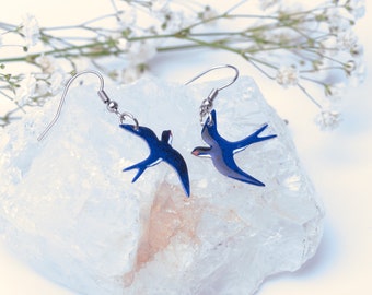 Elegant Dark Blue Swallow Earrings - Enameled on Stainless Steel