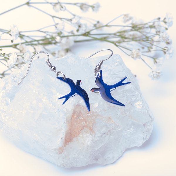 Elegant Dark Blue Swallow Earrings - Enameled on Stainless Steel