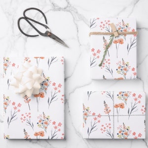 Set of 3 Orange and Pink Floral Wrapping Paper Sheets