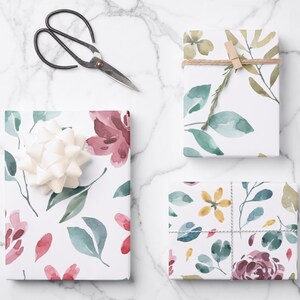 Set of 3 Watercolor Floral Botanical Wrapping Paper Sheets