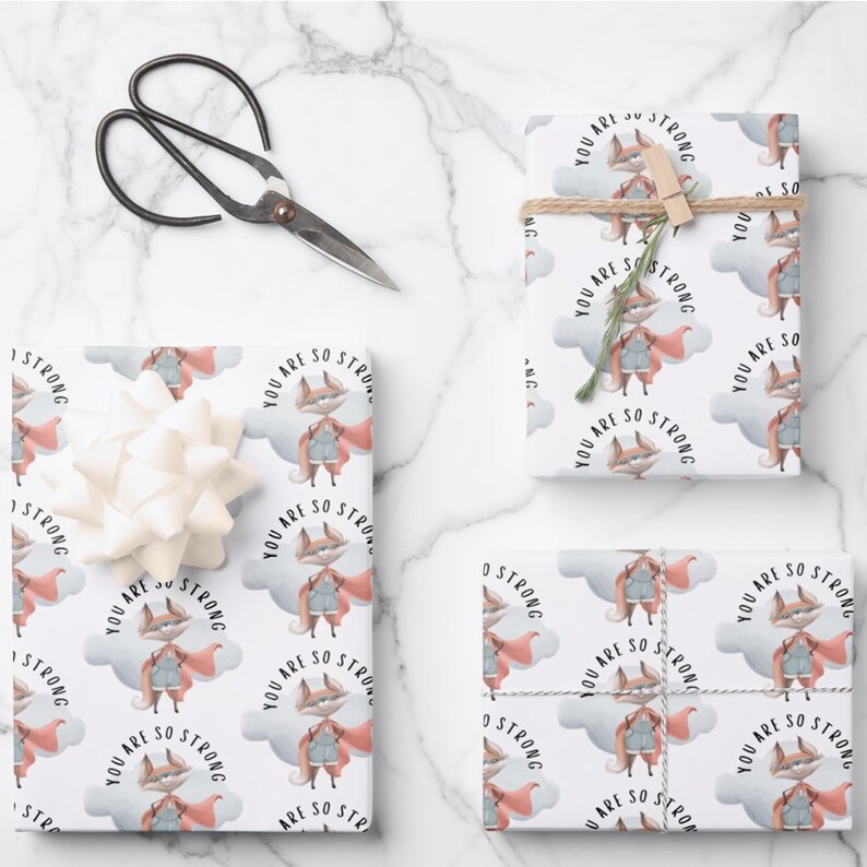 Set of 3 You Are So Strong Fox Superhero Wrapping Paper Sheets