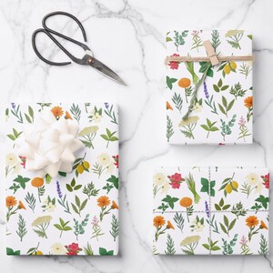 Set of 3 Apothecary Herb and Flower Wrapping Paper Sheets