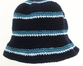 POM Handmade Crochet Stripy Bucket Hat, Festival hat, Sun Hat