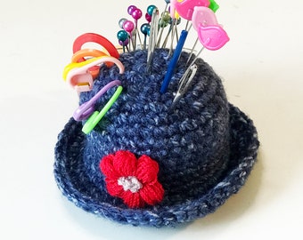 Handmade Crochet Pin Cushion "Denim Sun Hat with Flower"