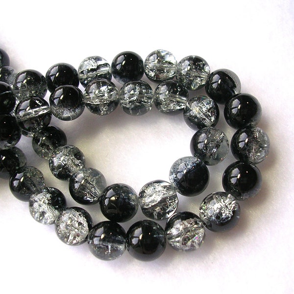 10mm Black Beads 80 Beads Clear and Black Crackle Glass Two Tone Black Clear Crackle Beads 30 inch Strand Icy Sparkling Crackle Glass Beads