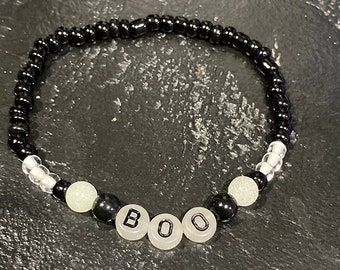Bracelet | Boo | Glass Seed Beads | Glow In the Dark | Stackable | Stretch | Glowing | Halloween| Spooky | Autumn | Fall