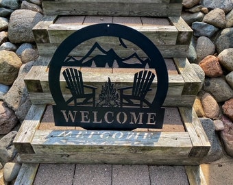 Metalen Welkomstbord - Kampvuur met Adirondack stoel, berggezicht