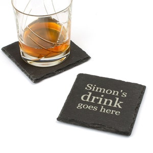 Slate Coaster "Drink Goes Here" Personalised Name Place Mat. Ideal Gift For Hen or Stag Do, Party, Weddings, Anniversary, Birthday keepsake.