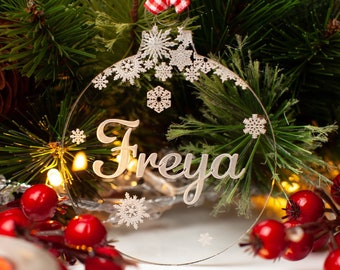 Personalised Christmas Tree Decoration, Clear Acrylic. Engraved Name Xmas Bauble with Snowflakes. Bespoke Laser Cut Hanging Decor Gift.