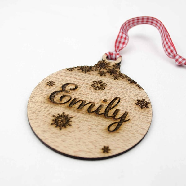 Personalised Wooden Christmas Tree Decoration. Engraved Name Xmas Bauble with Snowflakes. Laser Cut Meranti Hardwood Hanging Gift.