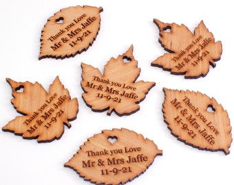 Personalised Wooden Leaf Favours. Customised Wedding Table Decorations. Bespoke Rustic Autumn Leaves. Engrave Names, date, any message.