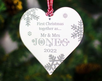 Personalised Mr & Mrs Mirrored Christmas Heart Tree Decoration. 1st First Xmas Together Gift. Snowflake Bauble Engraved Couples Surname.