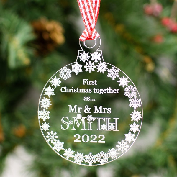 Personalised Mr & Mrs Christmas Tree Decoration Clear Acrylic Bauble. 1st First Xmas Together Gift Snowflake Engraved Couples Surname.