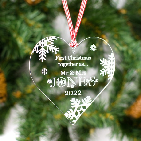 Personalised Mr & Mrs Clear Acrylic Christmas Heart Tree Decoration. 1st First Xmas Together Gift Snowflake Bauble Engraved Couples Surname.