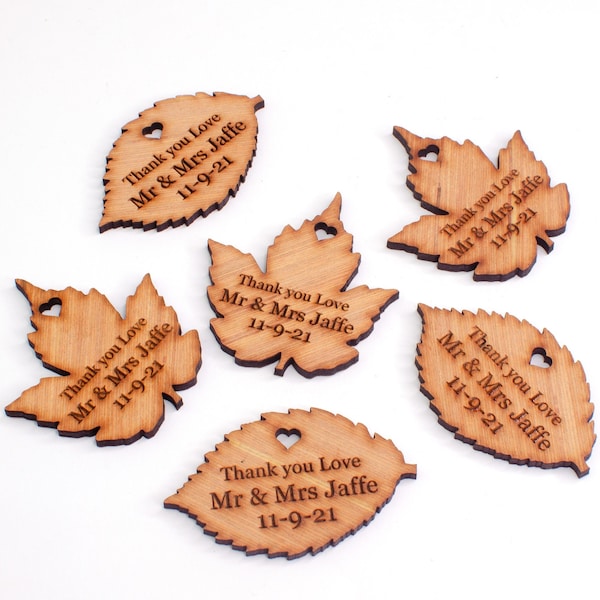 Personalised Wooden Leaf Favours. Customised Wedding Table Decorations. Bespoke Rustic Autumn Leaves. Engrave Names, date, any message.