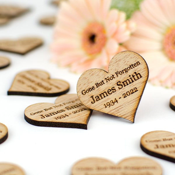 Funeral Favours, Personalised 4cm Wooden Heart Decorations for Celebration of Life, Memorial, Loving Memory, Remembrance, Tribute, Cremation