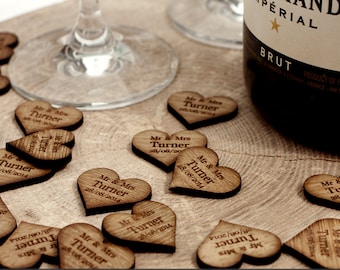 Personalised Wooden Love Heart Table Decorations, Rustic Vintage Wedding Favours. Made from Solid Hardwood. Mr & Mrs Bespoke Table Confetti.