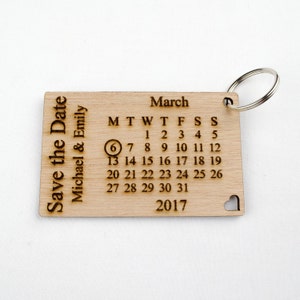 Personalised Wooden Save the Date Key Rings. Ideal Wedding Invitations. Engraved Rustic Calendar