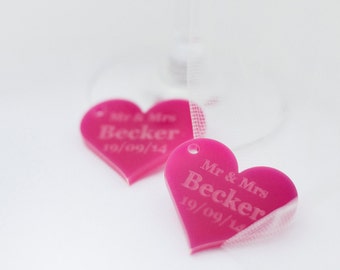 Personalised 4cm Cerise Acrylic Heart Wedding Favours, for Invites or Decorations.