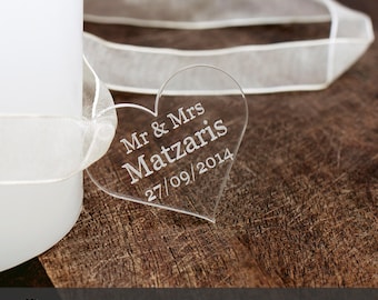 Personalised 4cm Clear Acrylic Heart Wedding Favours, for Invites or Decorations.