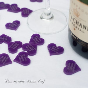 Personalised 25mm Purple Acrylic Heart Wedding Table Decorations, Vintage Favours.
