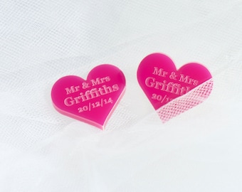 Personalised 25mm Cerise Acrylic Heart Wedding Table Decorations, Vintage Favours.