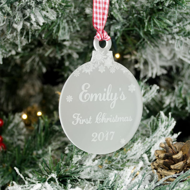Xmas Tree Decoration Bauble Gift Clear. First Christmas Personalised Love Heart
