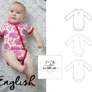 May include: A pink baby onesie with a white background and a pattern of pink elephants. The onesie has a long sleeve and a snap closure. The onesie is shown on a baby lying on a white blanket. The image also includes a sewing machine graphic and the text "two little oaks".