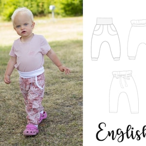 Pdf Harem pants sewing pattern for boys and girls. Pants with pocket, high waist, paper bag, how to make easy pants, sew for baby pattern