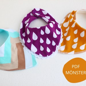 Może przedstawiać: Trzy śliniaki dla niemowląt z różnymi wzorami. Pierwszy śliniak jest turkusowy i brązowy z wzorem chevron. Drugi śliniak jest fioletowy z białymi kroplami deszczu. Trzeci śliniak jest żółty z białymi kroplami deszczu. Tekst "PDF MÖNSTERT" znajduje się w prawym dolnym rogu obrazu.