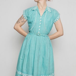 1950s Vicky Vaughn Turquoise Halter Dress with Matching Bolero and Belt with Tassel Embroidery image 2