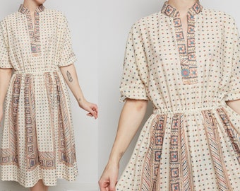 1970s Vintage Stretch Peasant Dress With Geometric Pattern