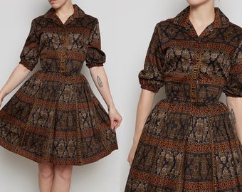 1950s Aztec Print Black & Brown Dress