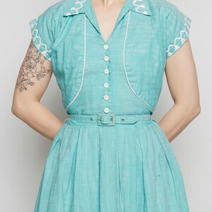 1950s Vicky Vaughn Turquoise Halter Dress with Matching Bolero and Belt with Tassel Embroidery image 4