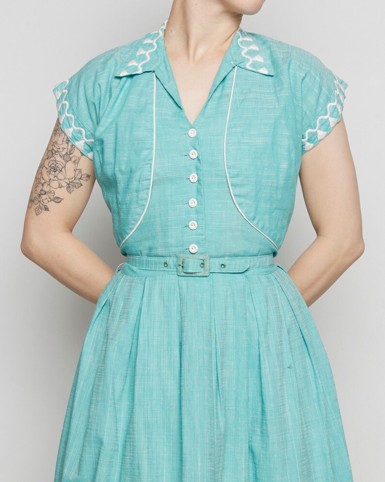 1950s Vicky Vaughn Turquoise Halter Dress with Matching Bolero and Belt with Tassel Embroidery image 4