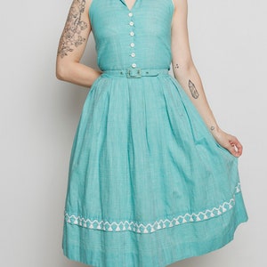 1950s Vicky Vaughn Turquoise Halter Dress with Matching Bolero and Belt with Tassel Embroidery image 3