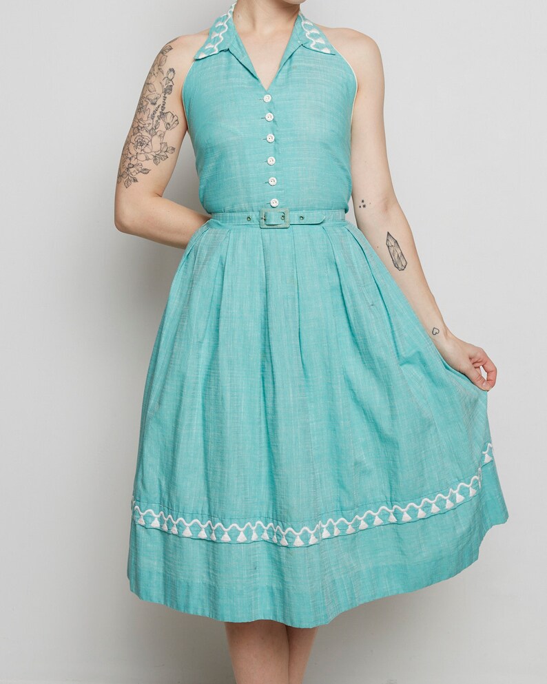 1950s Vicky Vaughn Turquoise Halter Dress with Matching Bolero and Belt with Tassel Embroidery image 3