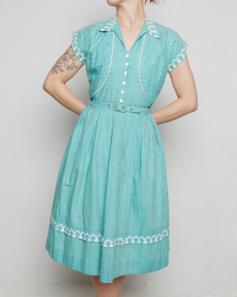 1950s Vicky Vaughn Turquoise Halter Dress with Matching Bolero and Belt with Tassel Embroidery image 2