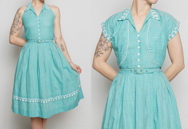 1950s Vicky Vaughn Turquoise Halter Dress with Matching Bolero and Belt with Tassel Embroidery image 1
