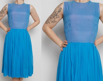 1960s Blue Silk Chiffon Sleeveless Dress XS