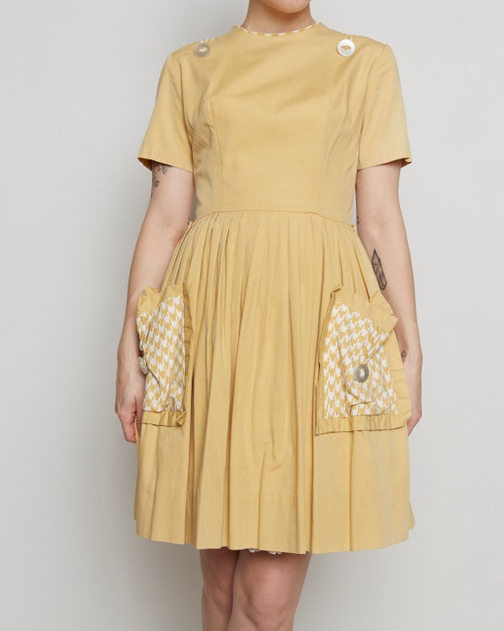 1950s Unique Yellow Houndstooth Patch Pocket Dres… - image 3