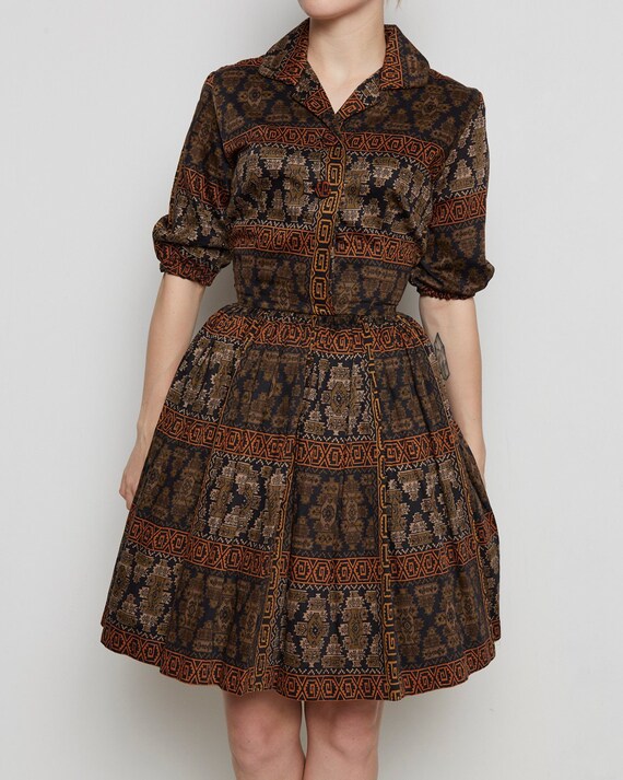 1950s Aztec Print Black & Brown Dress - image 2