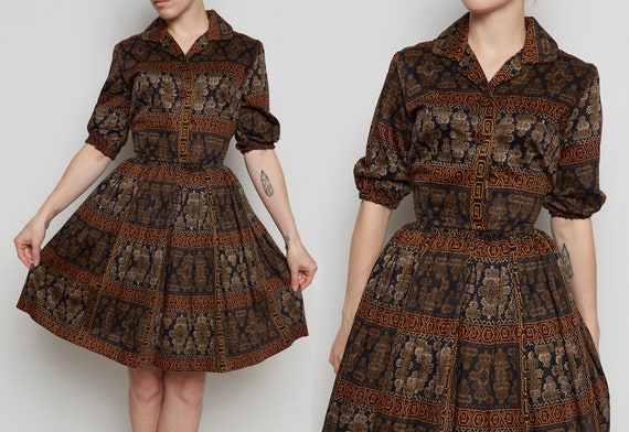 1950s Aztec Print Black & Brown Dress - image 1