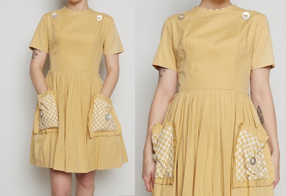 1950s Unique Yellow Houndstooth Patch Pocket Dress
